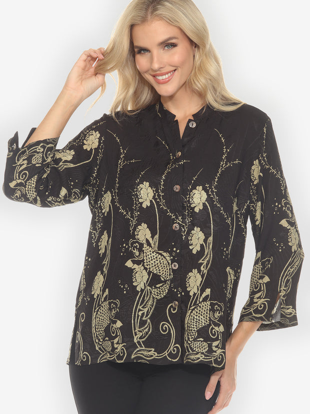 Graceful Fish Flowers in Black Silk Blouse