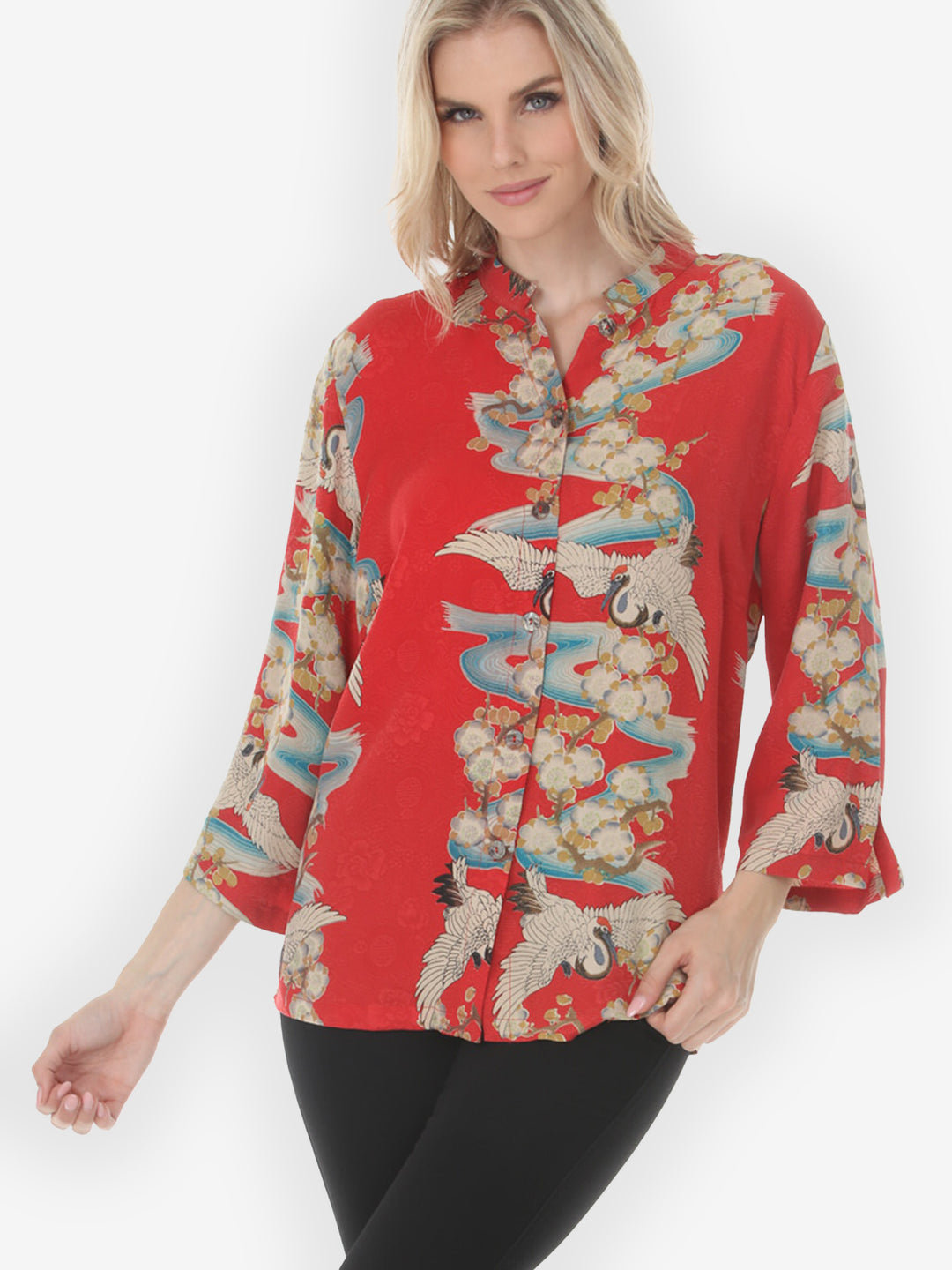 Golden Plum Blossom Crane Silk Blouse  - XL