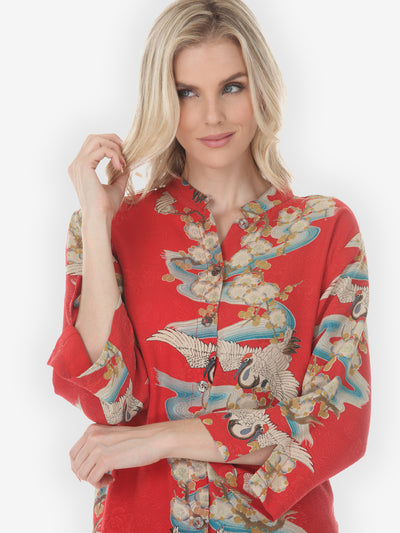Golden Plum Blossom Crane Silk Blouse  - L ; XL