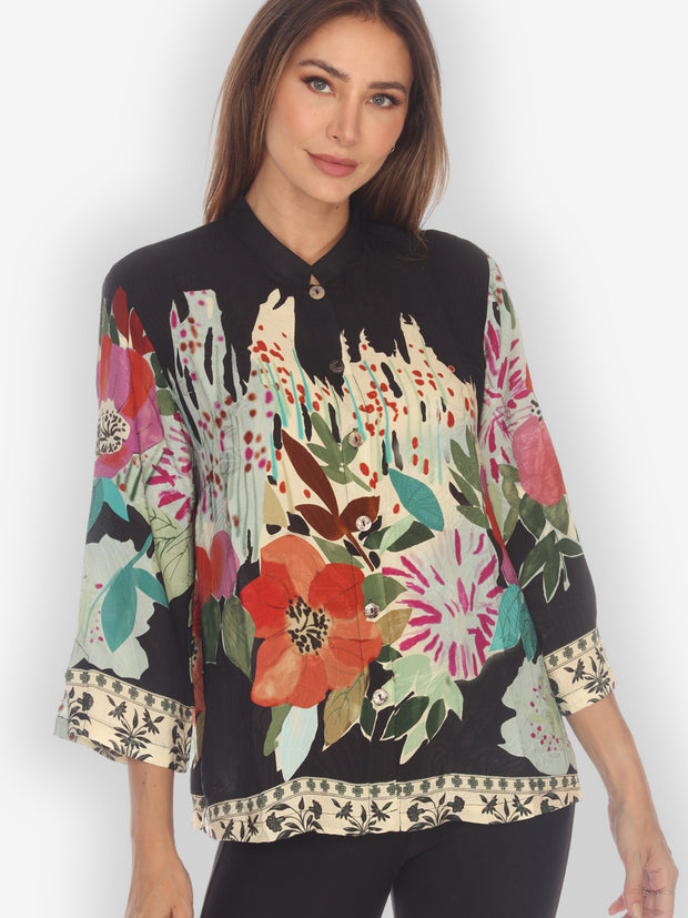 Hand Painted Flower Silk Blend Blouse