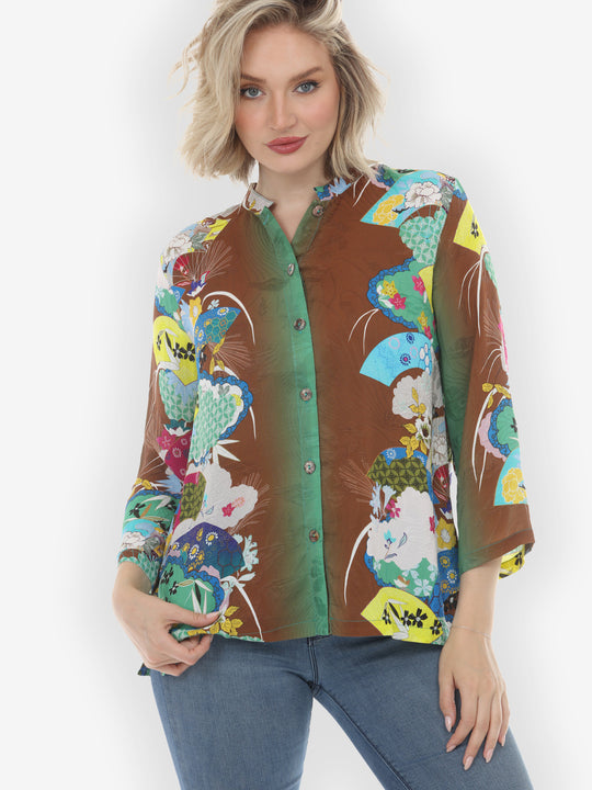 Japanese Inspired Motif Brown Silk Blouse
