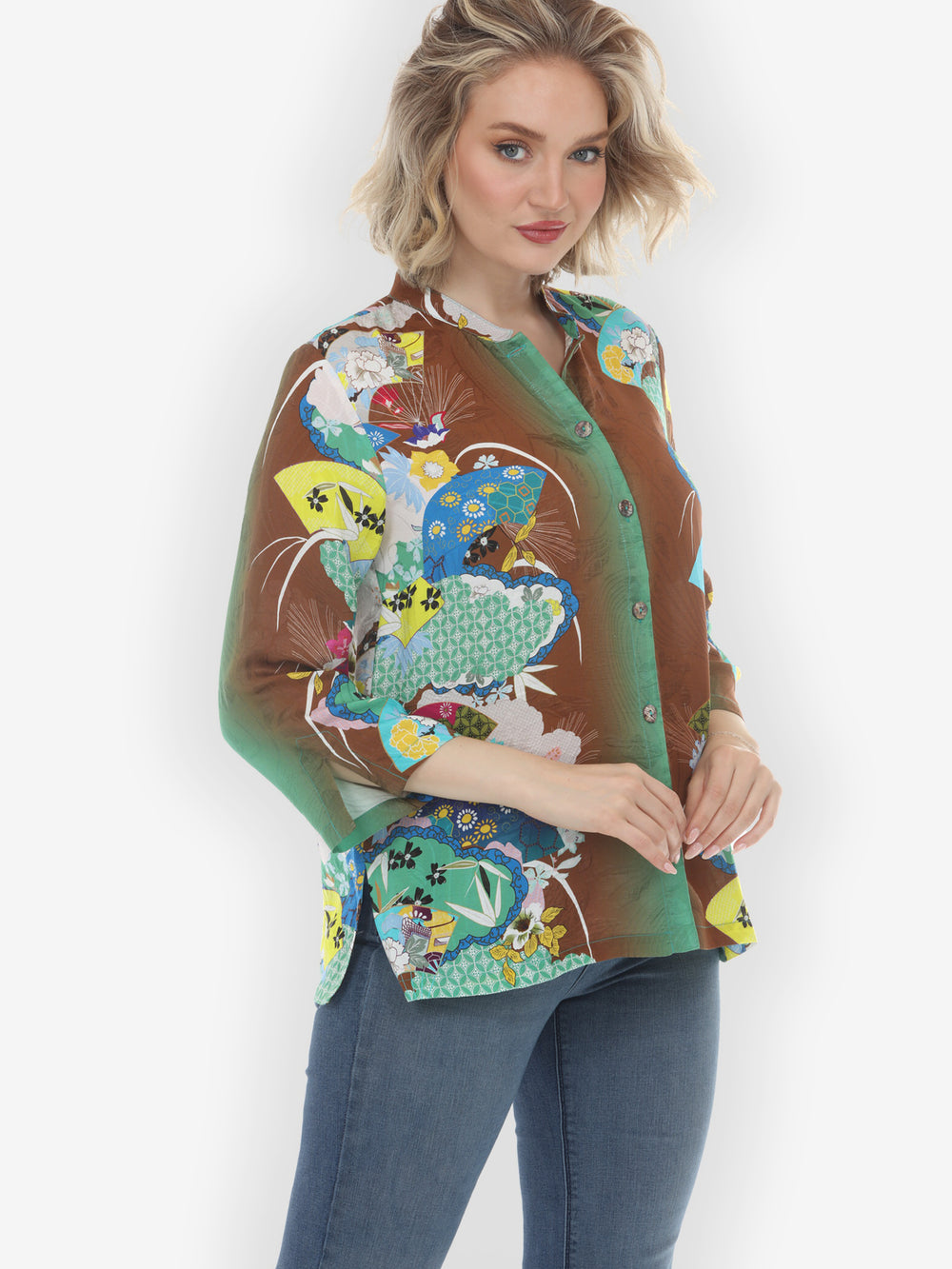 Japanese Inspired Motif Brown Silk Blouse