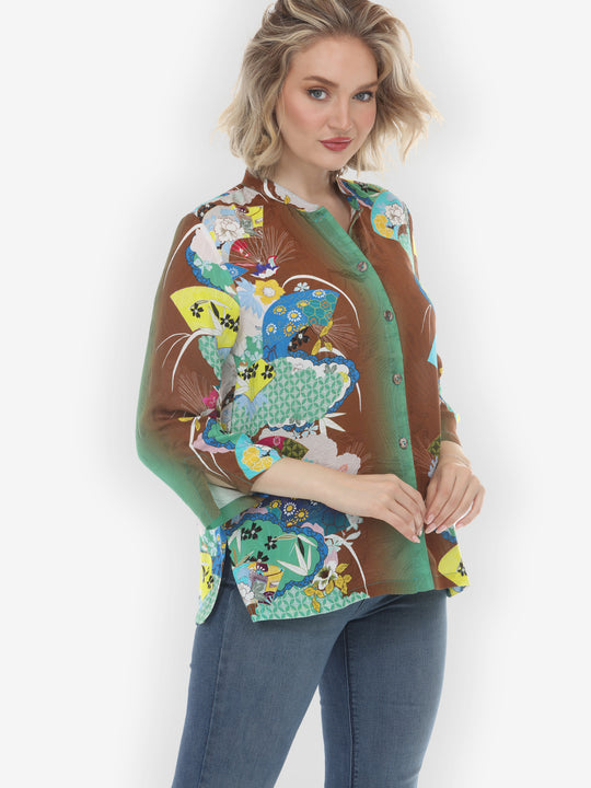 Japanese Inspired Motif Brown Silk Blouse