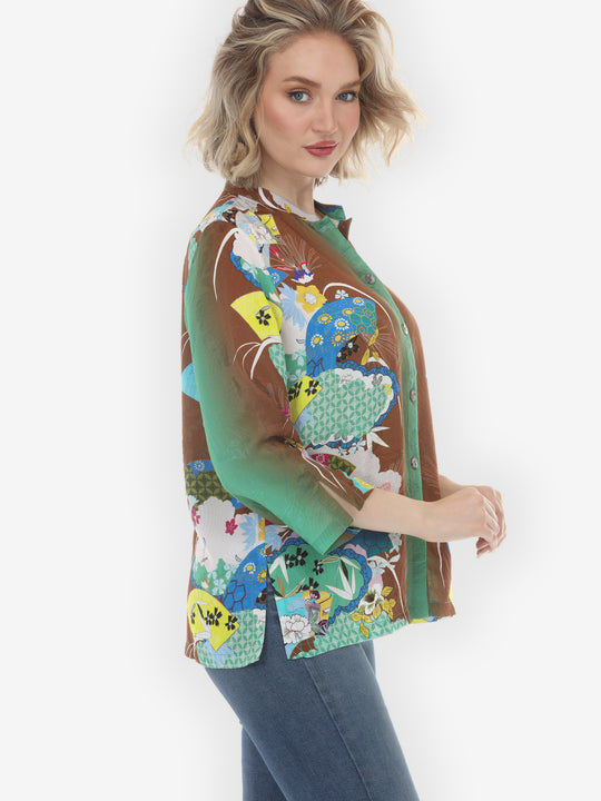 Japanese Inspired Motif Brown Silk Blouse