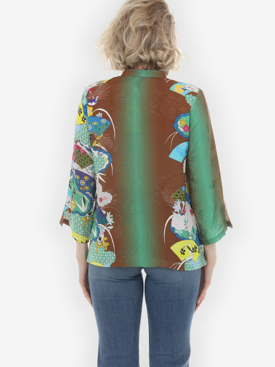 Japanese Inspired Motif Brown Silk Blouse