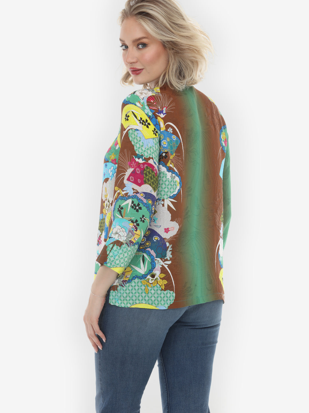 Japanese Inspired Motif Brown Silk Blouse