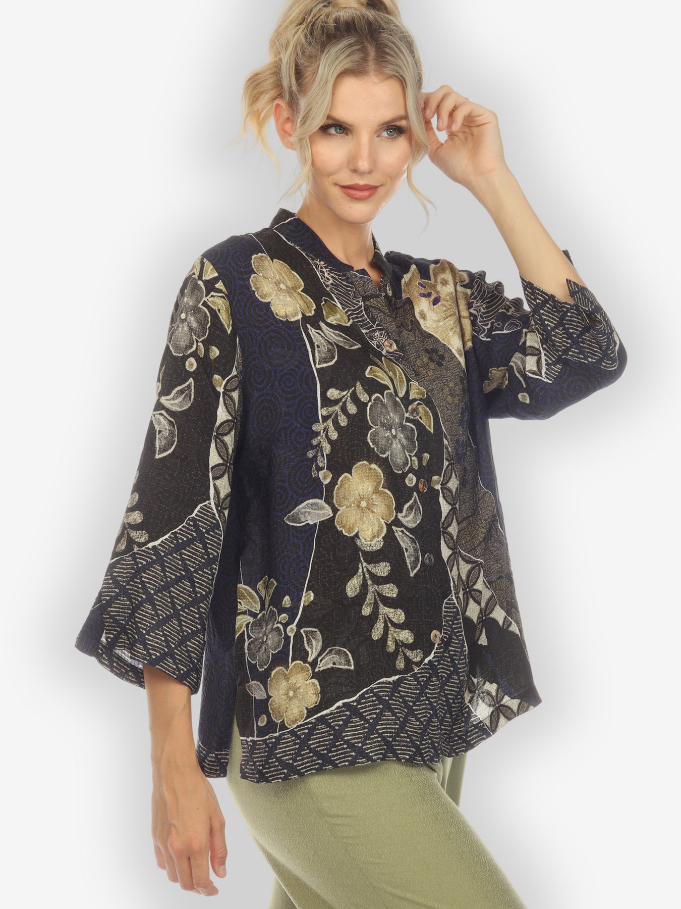 Citron Clothing Wearable Art Silk Floral Tunic Blouse Layered Kimono Sleeves 2024 2X