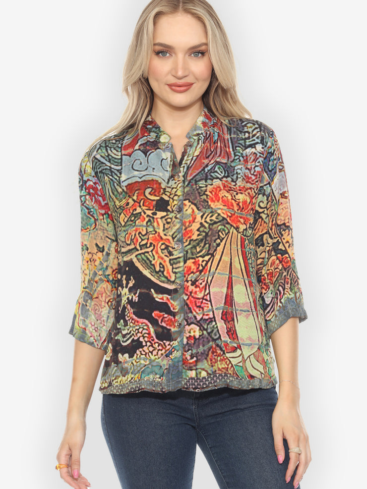 Kimono Combination Silk Tie Dye Blouse - S