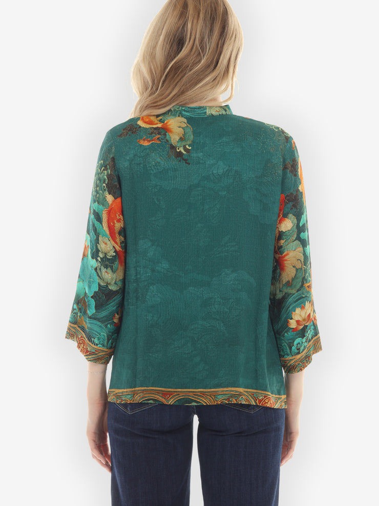 Koi Fish and Sea Wave Silk Blouse