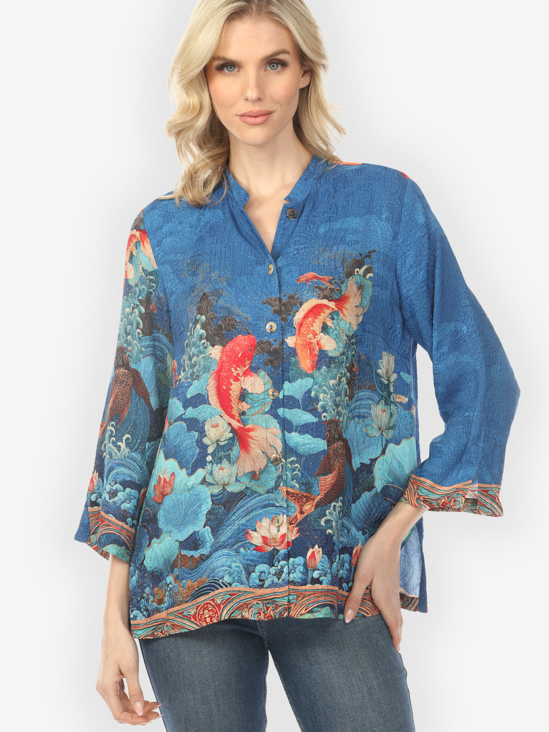 Koi Fish Sea Wave in Blue Silk Blouse