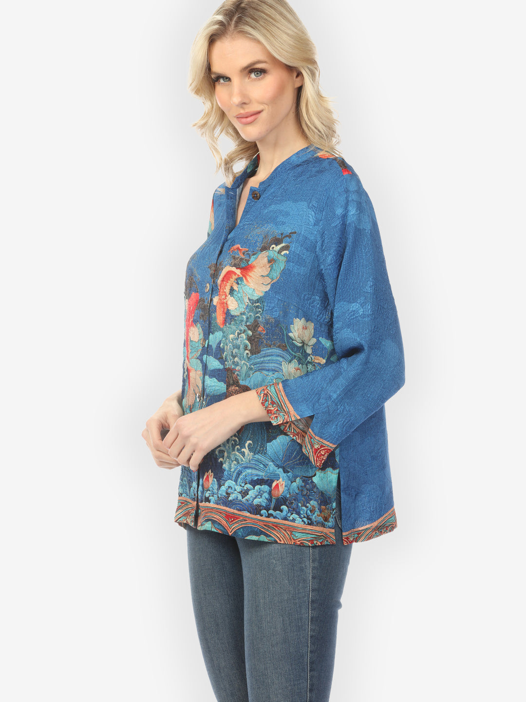 Koi Fish Sea Wave in Blue Silk Blouse
