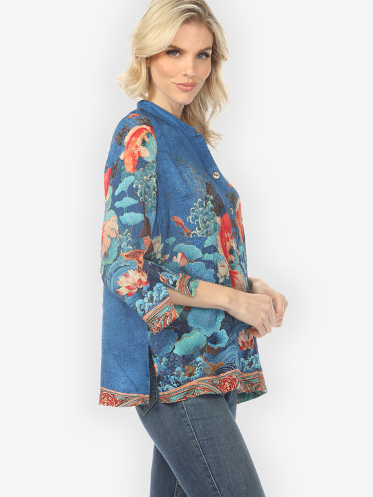Koi Fish Sea Wave in Blue Silk Blouse