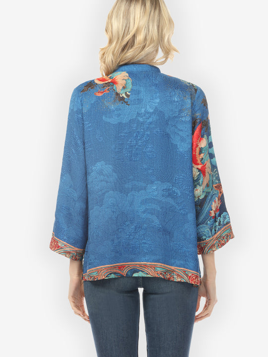 Koi Fish Sea Wave in Blue Silk Blouse