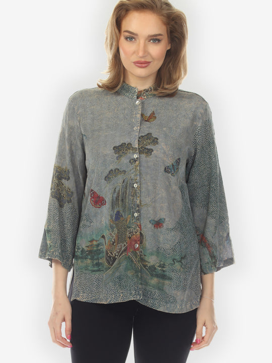 Koi Waves Butterflies Blue-Gray Hand Dyed Blouse - M