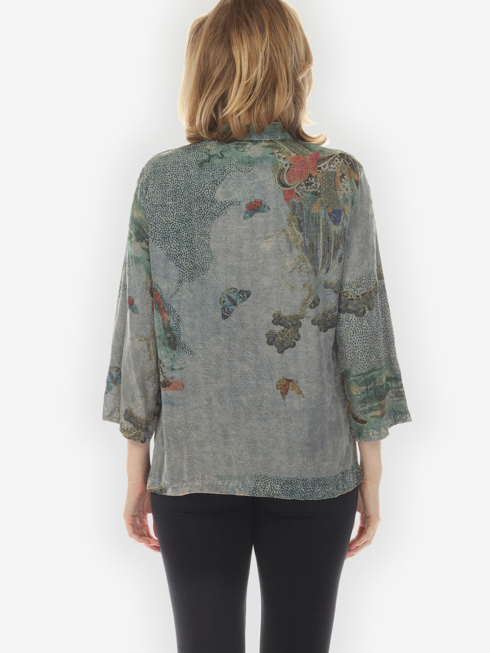 Koi Waves Butterflies Blue-Gray Hand Dyed Blouse - M