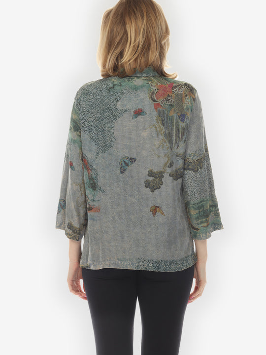 Koi Waves Butterflies Blue-Gray Hand Dyed Blouse - M