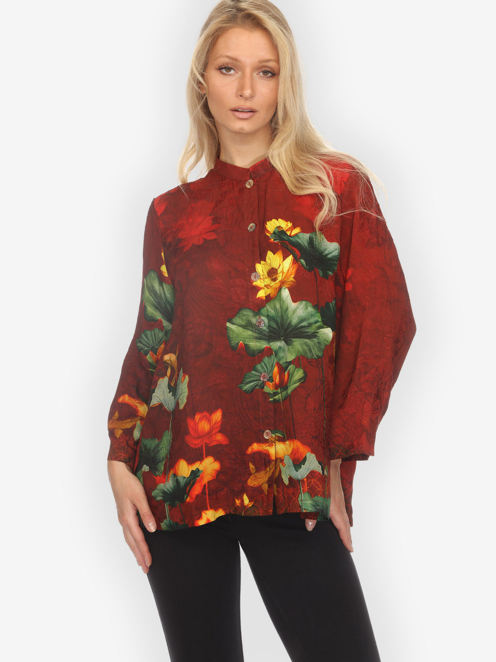 Lotus Paradise in Red Silk Blouse