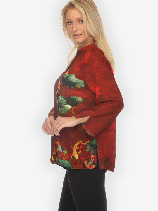 Lotus Paradise in Red Silk Blouse