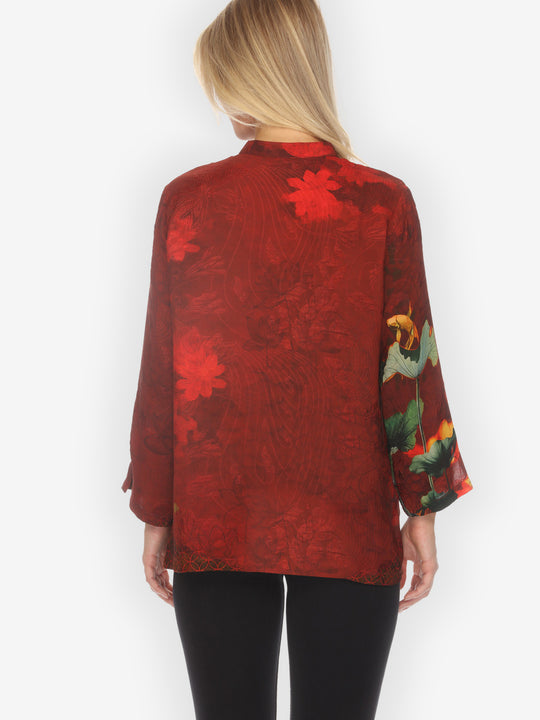 Lotus Paradise in Red Silk Blouse