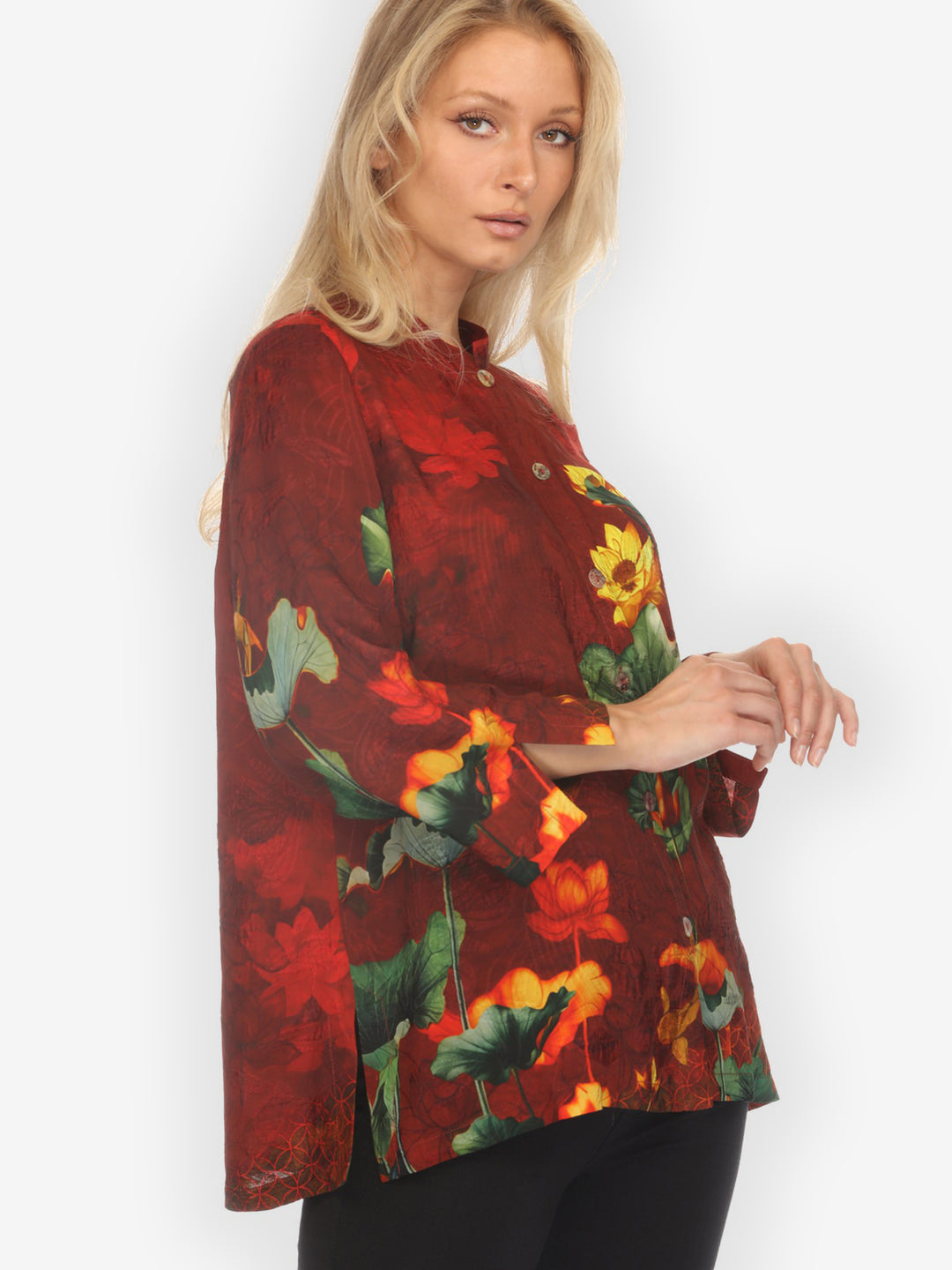 Lotus Paradise in Red Silk Blouse