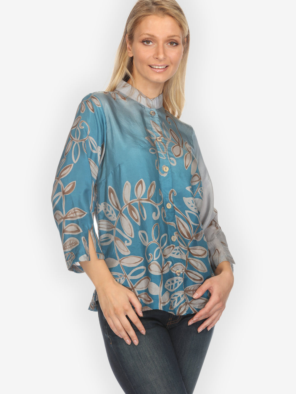 Leafy Vine Sky Blue Silk Blouse