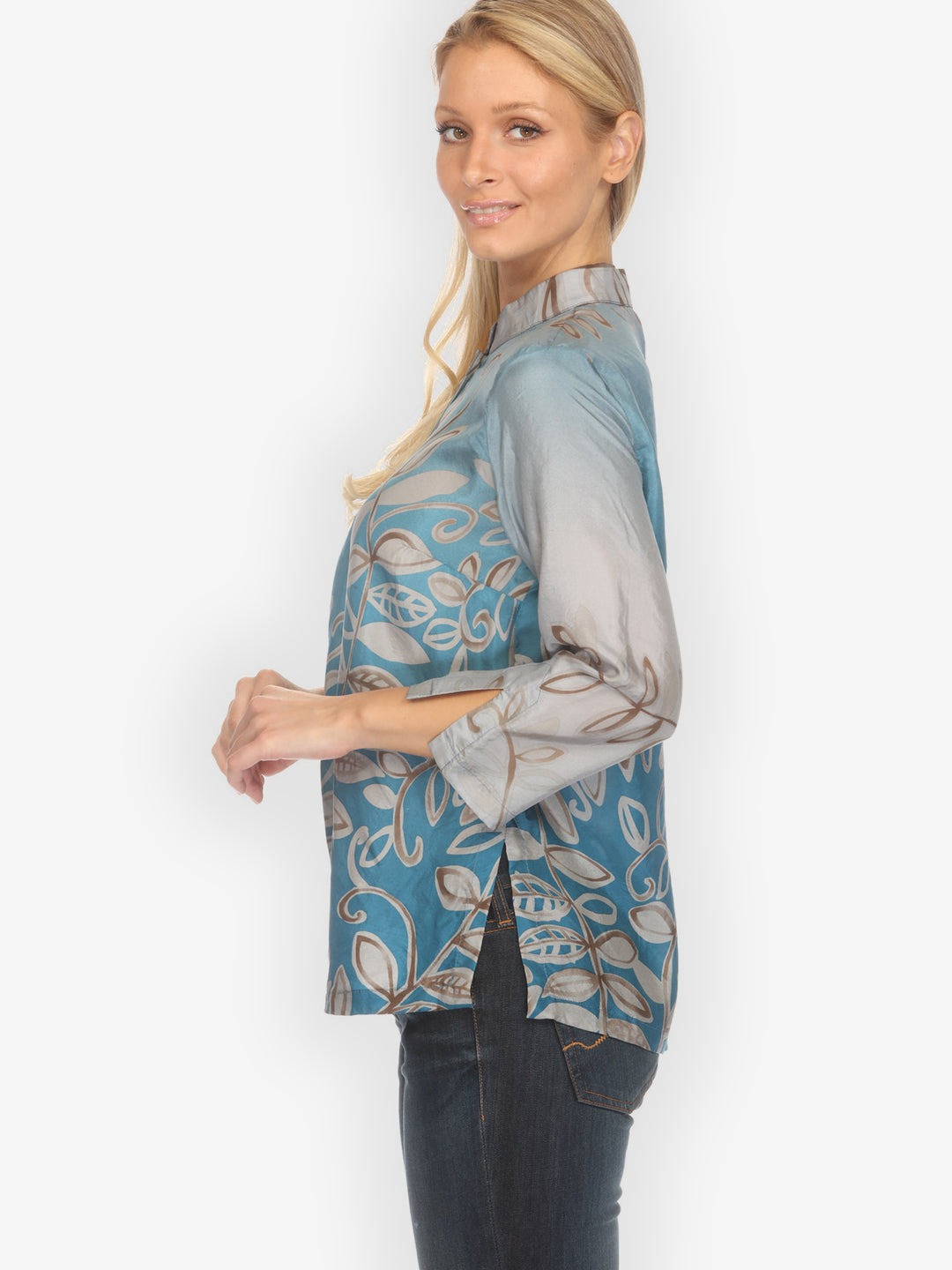 Leafy Vine Sky Blue Silk Blouse