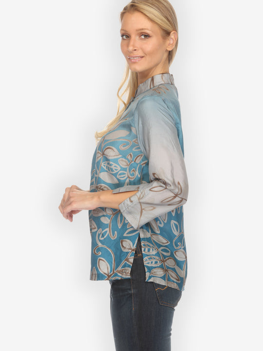 Leafy Vine Sky Blue Silk Blouse