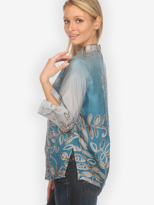 Leafy Vine Sky Blue Silk Blouse