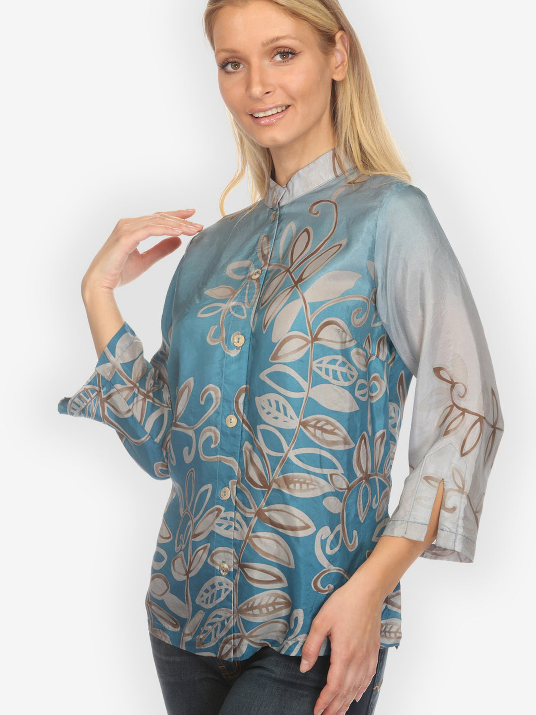 Leafy Vine Sky Blue Silk Blouse