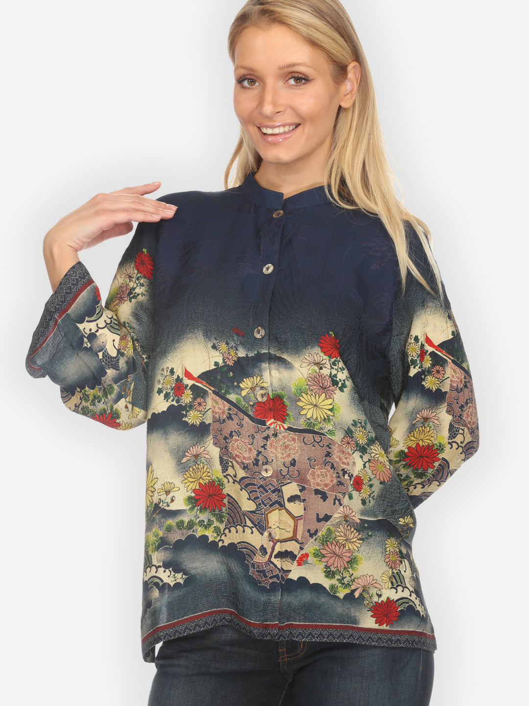 Magic Organic Beauty in Navy Silk Blouse
