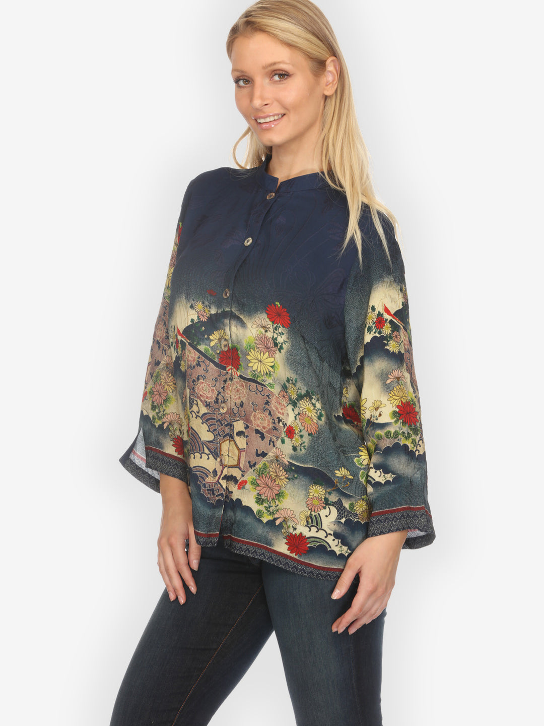 Magic Organic Beauty in Navy Silk Blouse