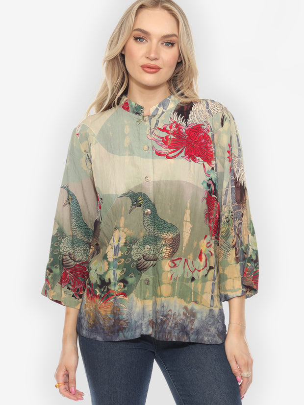 Peacock Chrysanthemum Art Tie Dye Blouse - XL