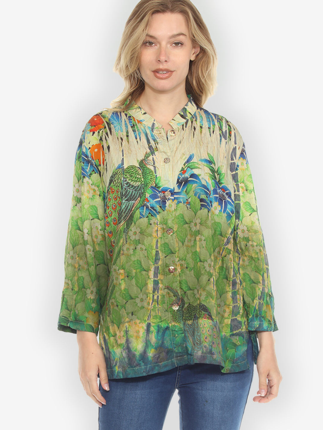 Peacock Garden Foliage Blue Bamboo Tie Dye Blouse - 0X