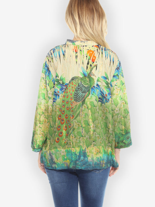 Peacock Garden Foliage Blue Bamboo Tie Dye Blouse - 0X