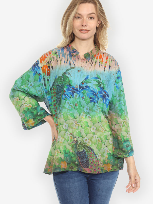 Peacock Garden Foliage Ombre Hand Dyed Blouse  - 0X