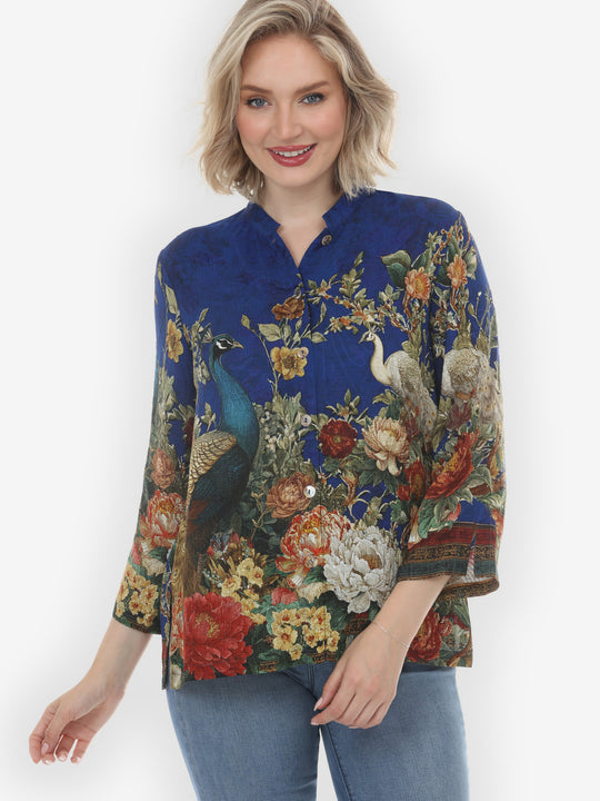 Peacock Garden in Indigo Silk Blouse
