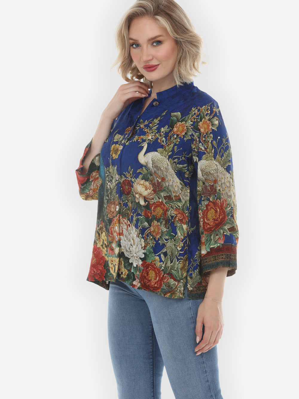 Peacock Garden in Indigo Silk Blouse
