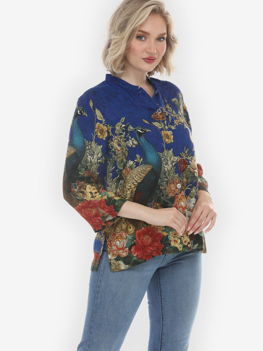 Peacock Garden in Indigo Silk Blouse