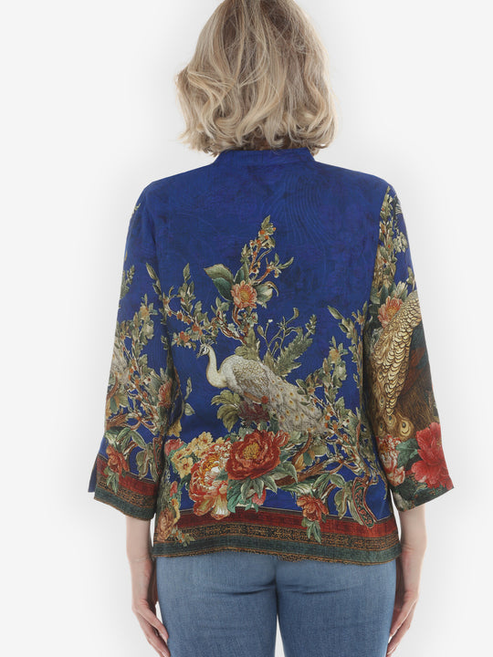 Peacock Garden in Indigo Silk Blouse