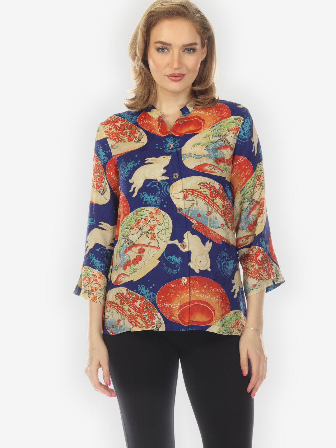 Rabbit and Lantern in Navy Silk Blouse