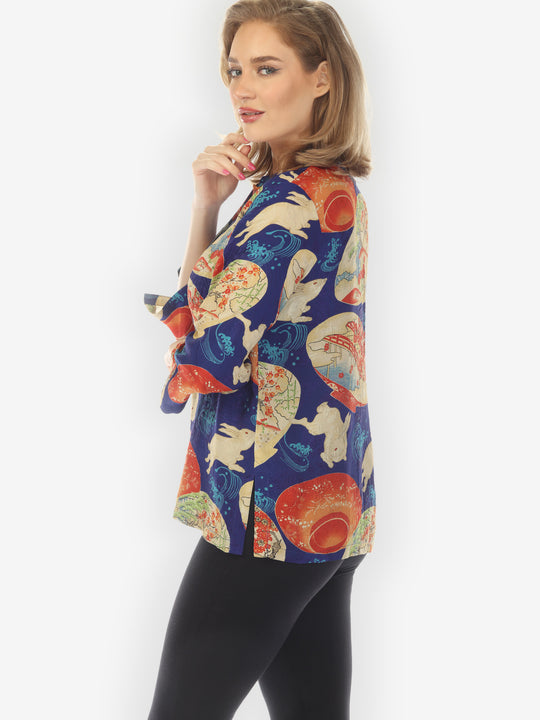 Rabbit and Lantern in Navy Silk Blouse