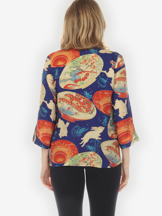 Rabbit and Lantern in Navy Silk Blouse