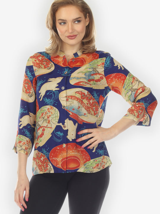 Rabbit and Lantern in Navy Silk Blouse