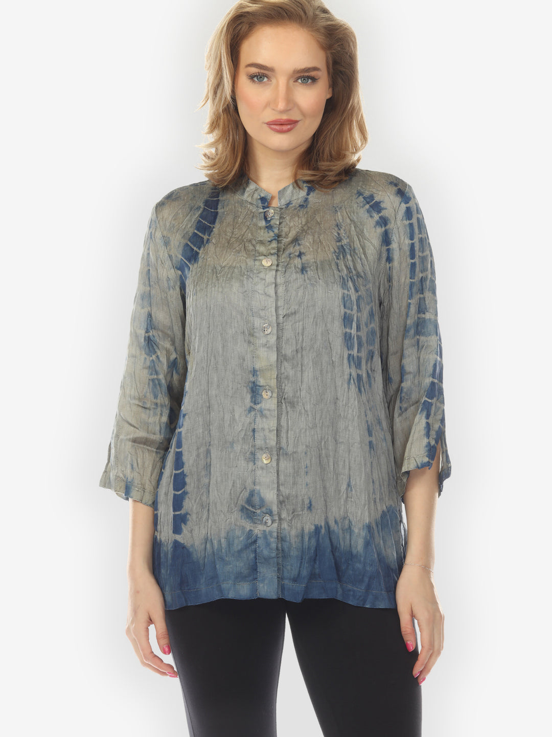 Rayon Linen Gray Blue Tie Dye Blouse - XL
