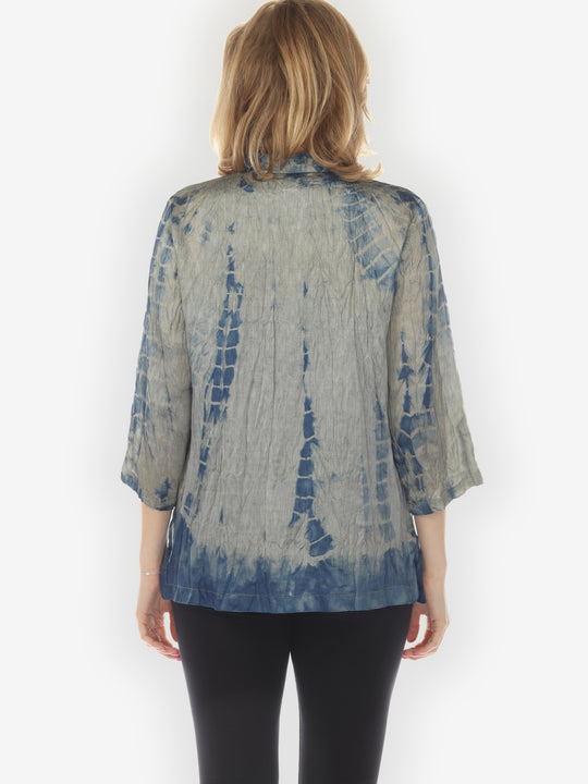 Rayon Linen Gray Blue Tie Dye Blouse - XL