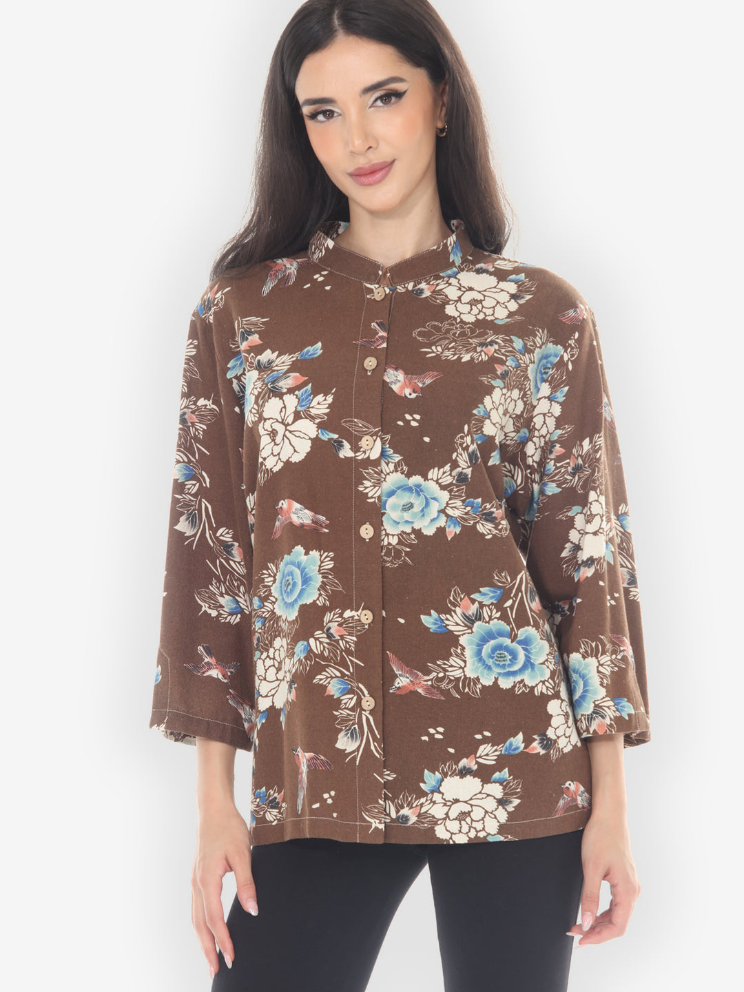 Raw Silk Birds Floral Blouse - 1X