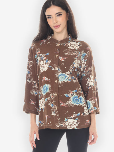 Raw Silk Birds Floral Blouse - 1X