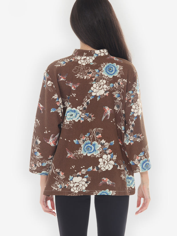 Raw Silk Birds Floral Blouse - 1X