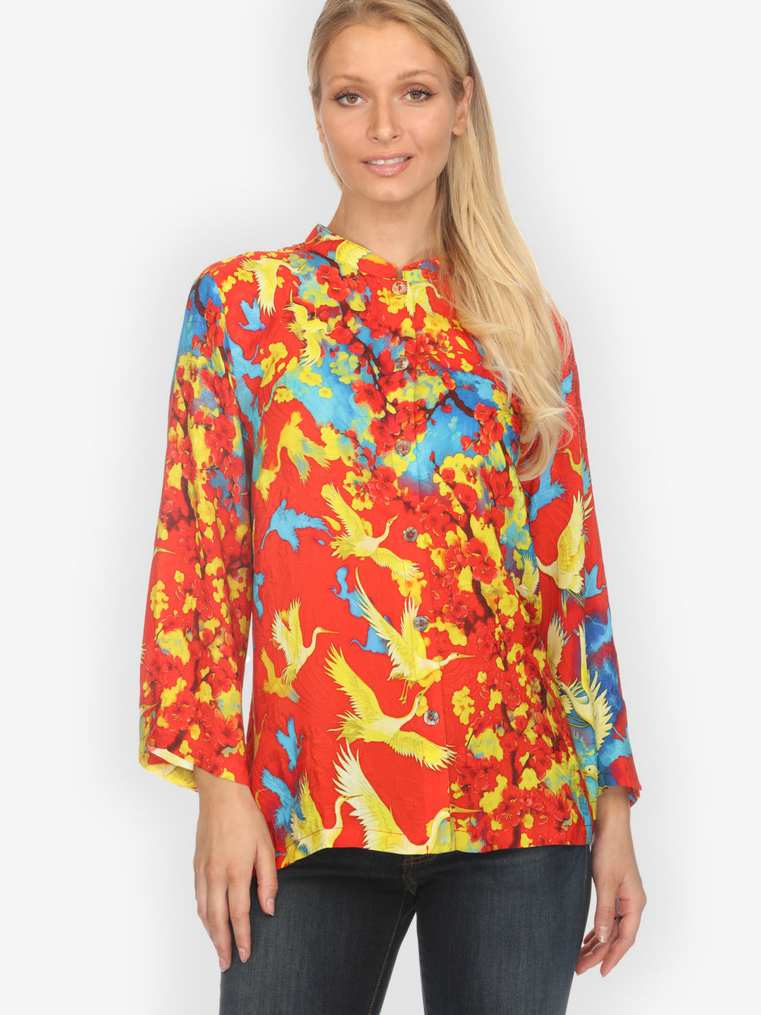 Sakura and Cranes in Red Silk Blouse