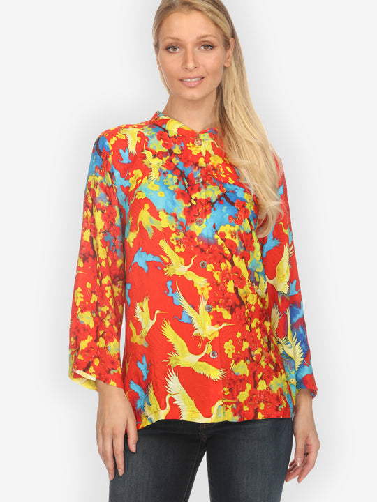 Sakura and Cranes in Red Silk Blouse